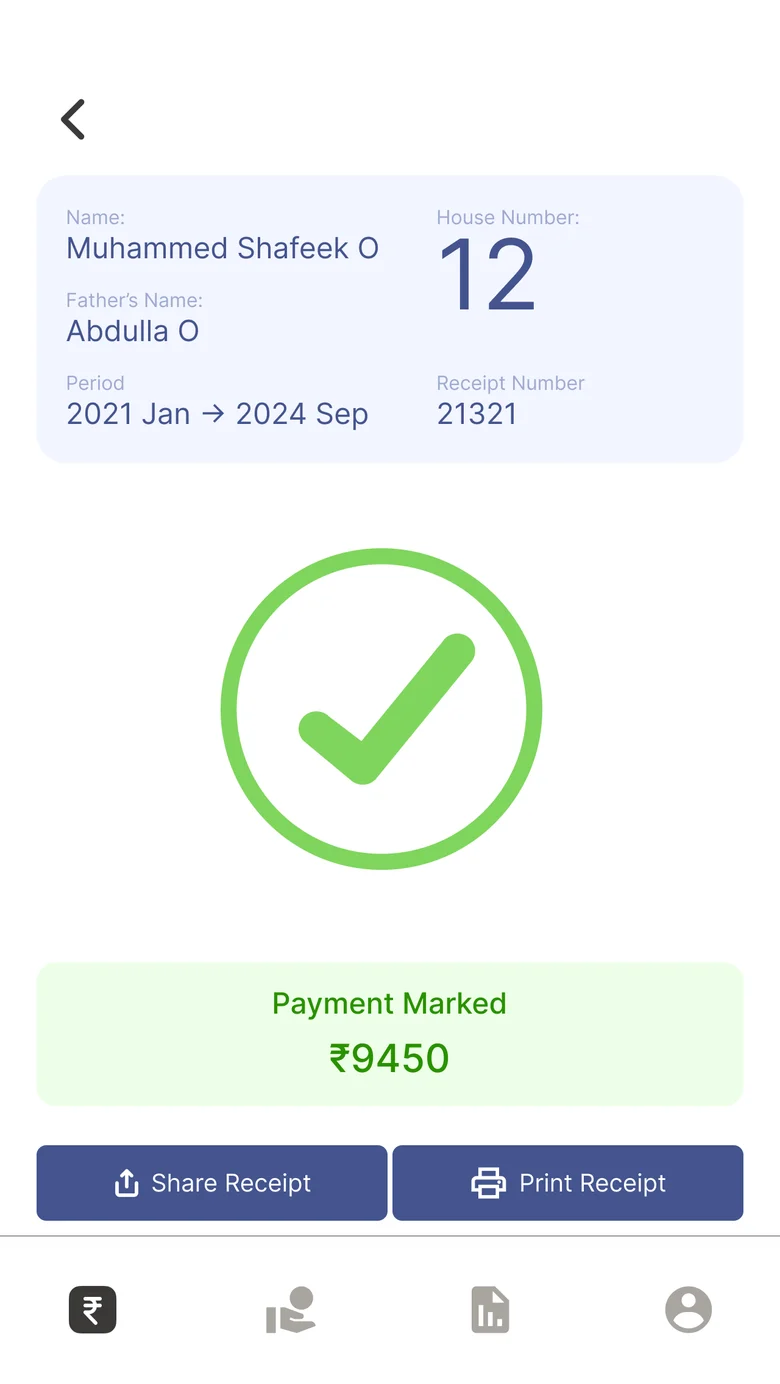 Payment of ₹9,450 marked, with Share receipt and Print receipt