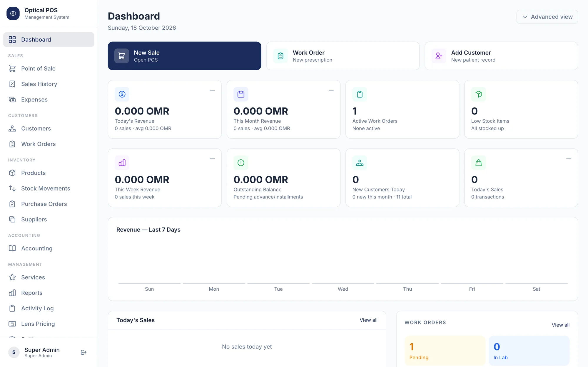 Dashboard with today's revenue, open work orders and low stock