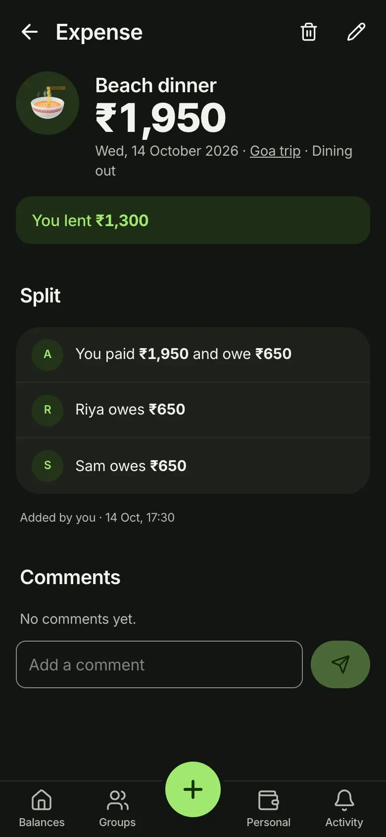 Beach dinner, ₹1,950, split three ways